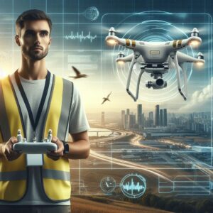 Profesjonalna scena z operatorem drona wykonującym lot komercyjny. Operator stoi z kontrolerem w dło (1)