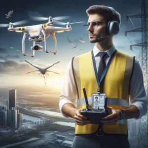 Profesjonalna scena z operatorem drona wykonującym lot komercyjny. Operator stoi z kontrolerem w dło (2)
